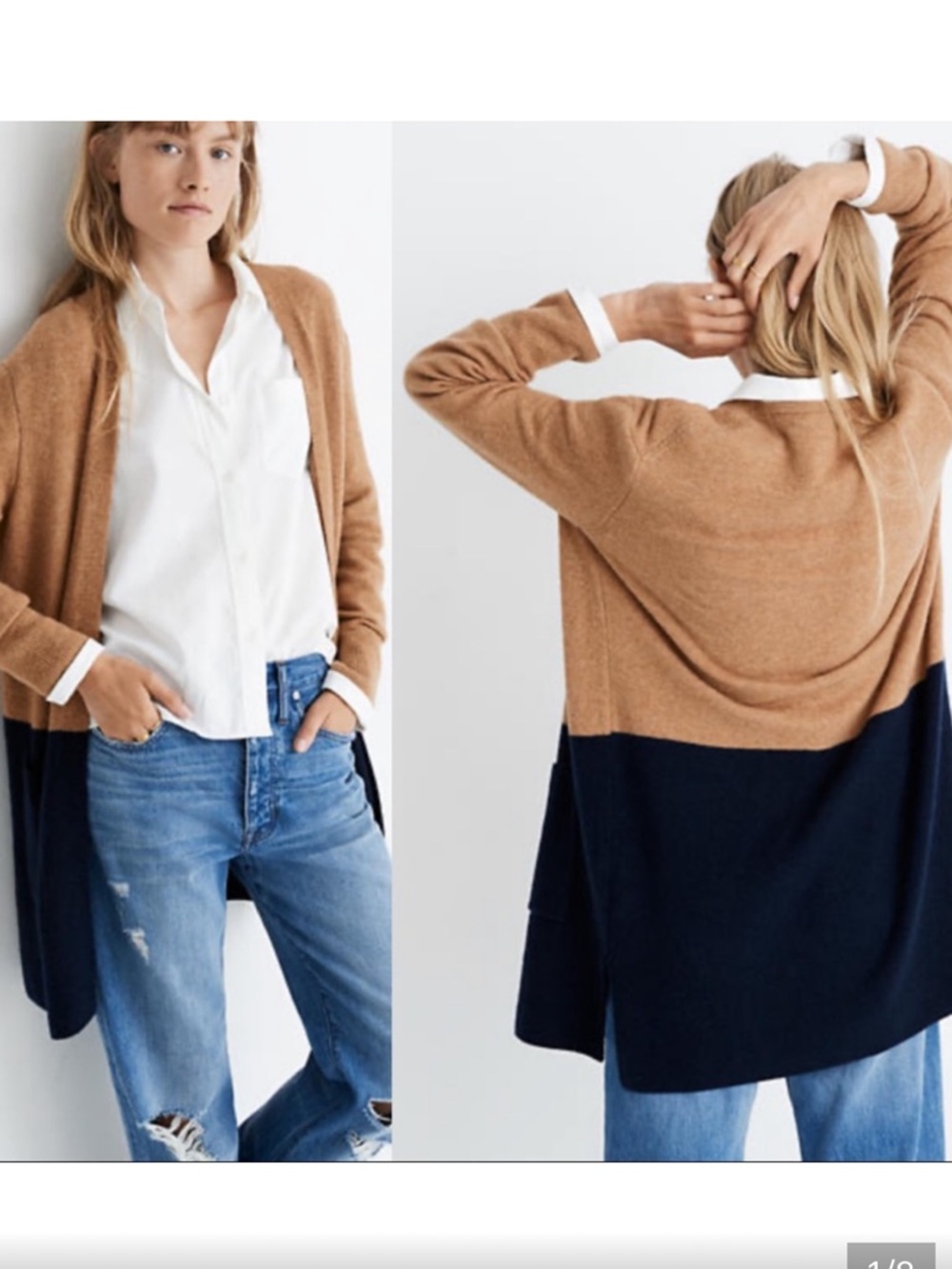 Madewell Two-Tone Hooded Open Cardigan in Camel and Navy Duster Alpaca Blend Sm